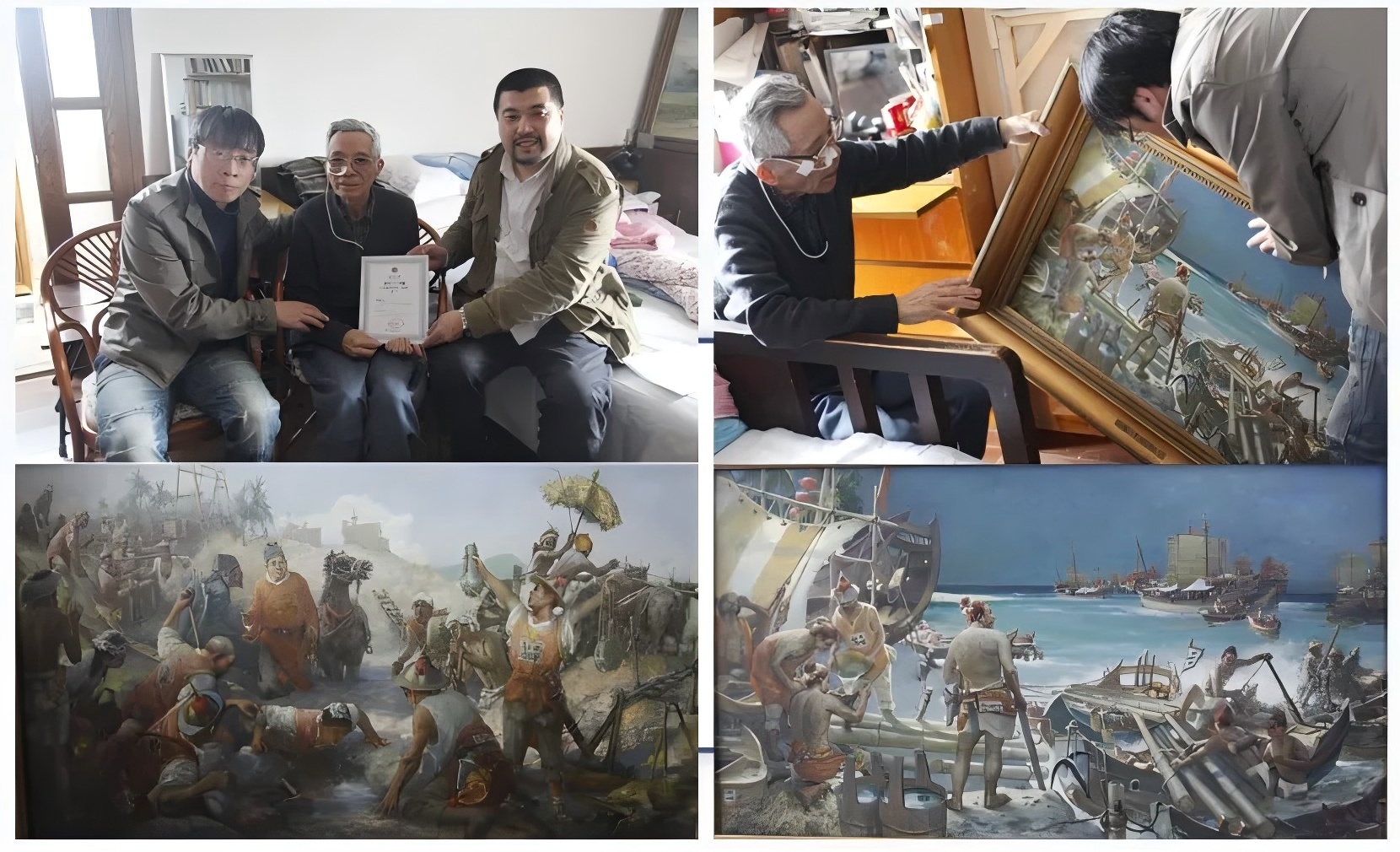 《郑和下西洋系列》油画 作者：张嘉壎 2016年4月4日张嘉壎老师家中与张岩鑫，梁二平教授合影