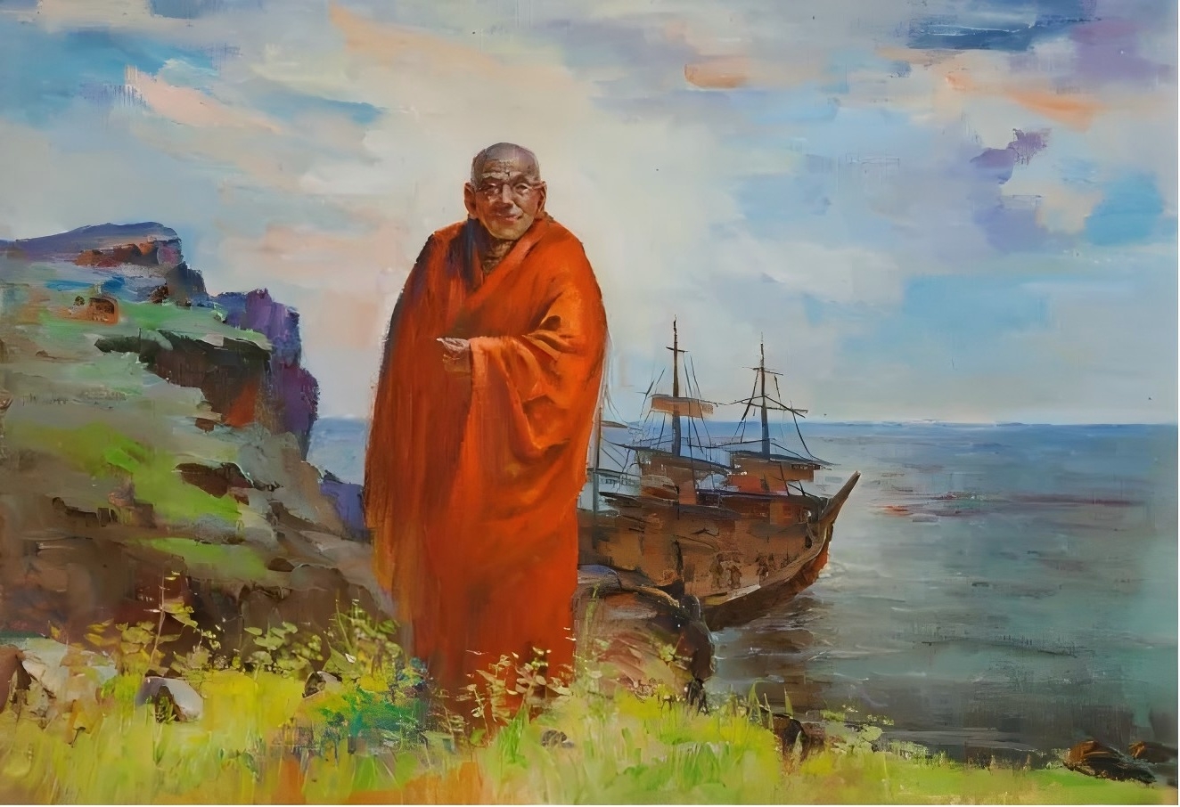 《法显浮海东归牢山（今青岛崂山）》油画 40X80cm 作者：管恩智老师